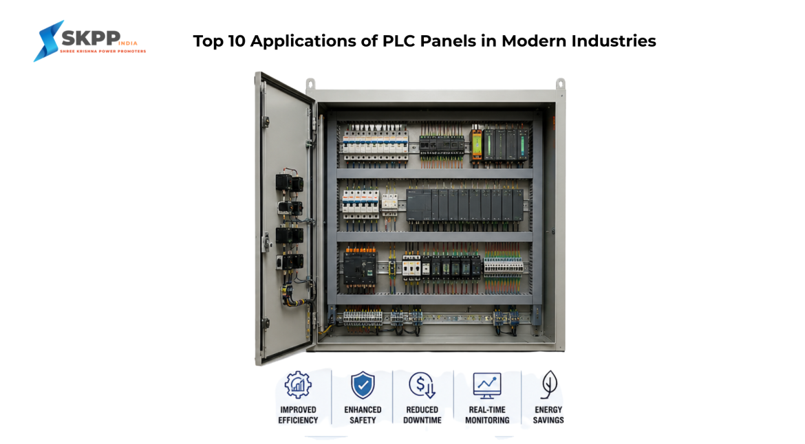 Top 10 Applications of PLC Panels in Modern Industries infographic featuring an industrial PLC control panel with benefits like improved efficiency, enhanced safety, reduced downtime, real-time monitoring, and energy savings.