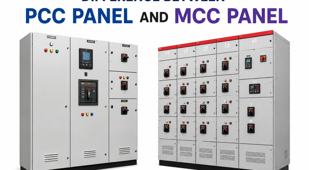 Difference between PCC Panel and MCC Panel showing industrial power control and motor control panels side by side