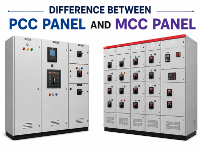 Difference between PCC Panel and MCC Panel showing industrial power control and motor control panels side by side