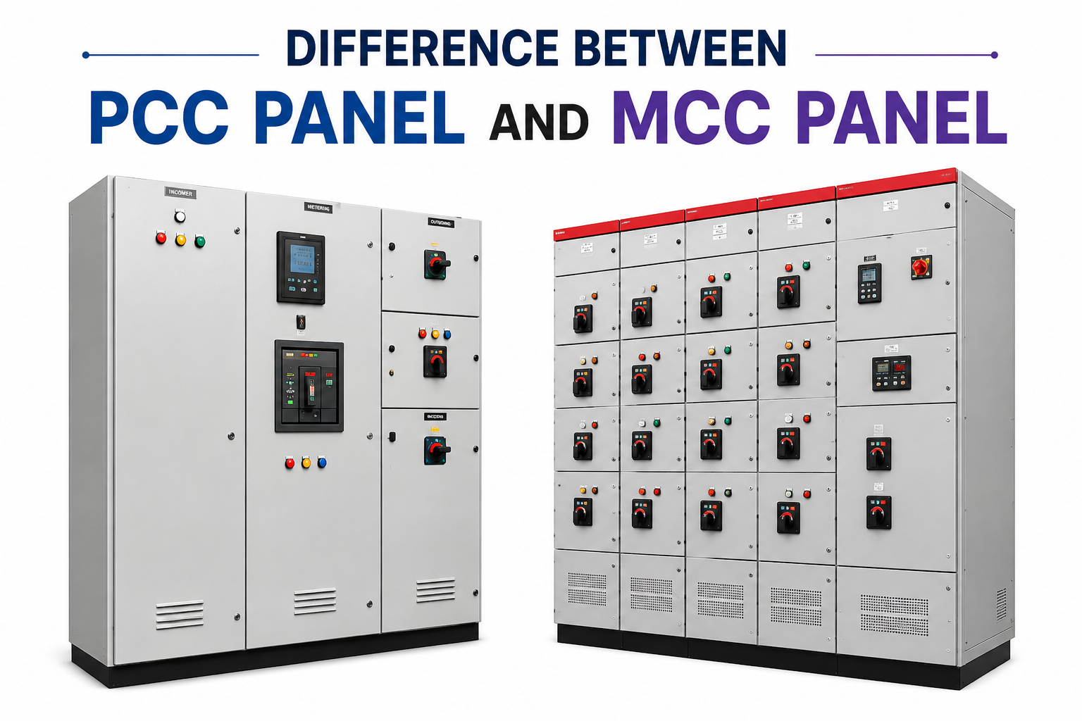 Difference between PCC Panel and MCC Panel showing industrial power control and motor control panels side by side