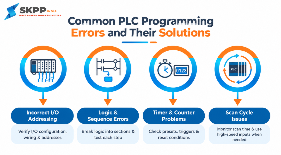 Common PLC programming errors and their solutions infographic